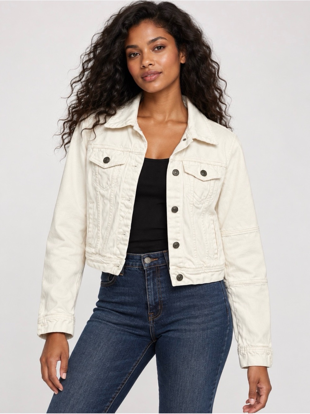 Free People Cream Cropped Denim Jacket